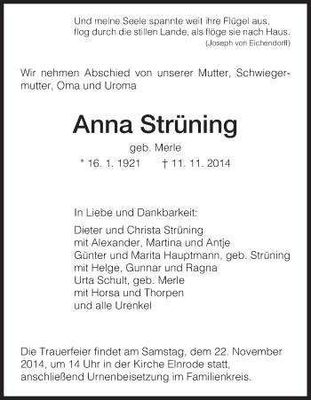 Traueranzeige von Anna Strüning von HNA