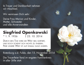 Traueranzeige von Siegfried Openkowski von HNA