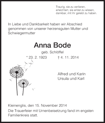 Traueranzeige von Anna Bode von HNA