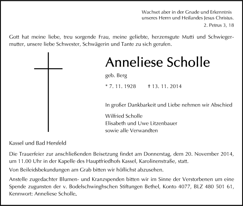  Traueranzeige für Anneliese Scholle vom 17.11.2014 aus HNA