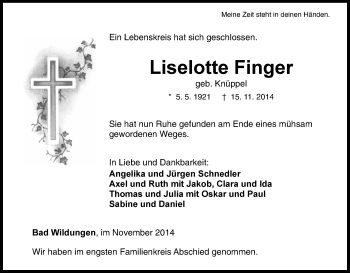 Traueranzeige von Liselotte Finger von HNA