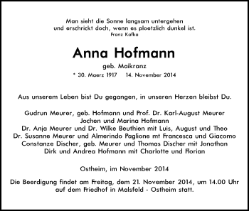 Traueranzeige von Anna Hofmann von HNA