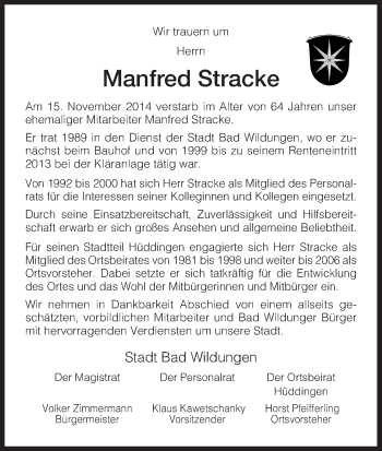 Traueranzeige von Manfred Stracke von HNA