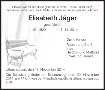 Traueranzeige von Elisabeth Jäger von HNA