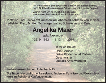Traueranzeige von Angelika Maier von HNA
