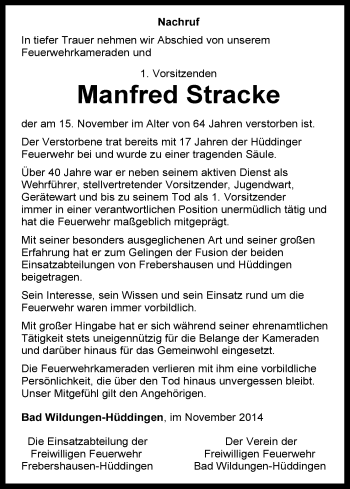Traueranzeige von Manfred Stracke von HNA