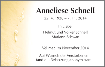 Traueranzeige von Anneliese Schnell von HNA