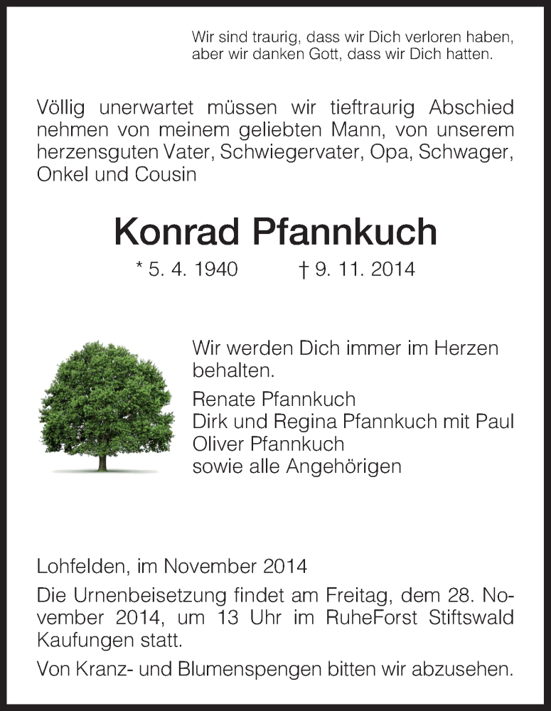  Traueranzeige für Konrad Pfannkuch vom 22.11.2014 aus HNA