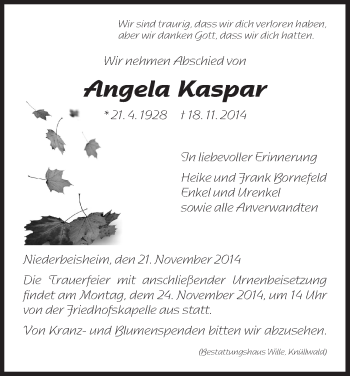 Traueranzeige von Angela Kaspar von HNA