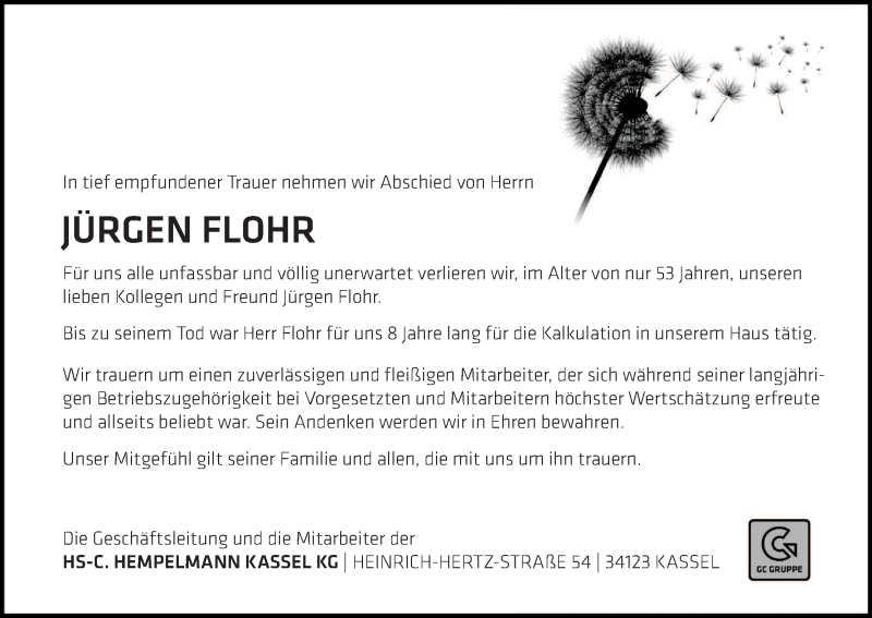  Traueranzeige für Jürgen Flohr vom 22.11.2014 aus HNA