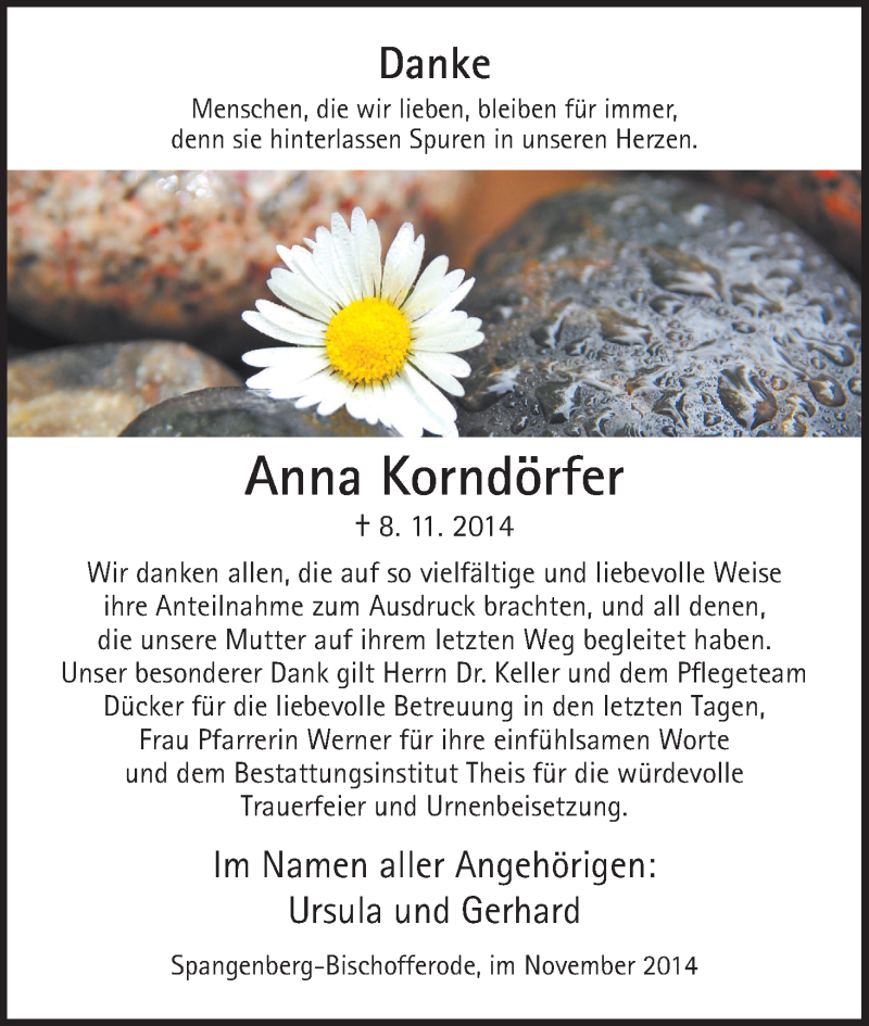  Traueranzeige für Anna Korndörfer vom 22.11.2014 aus HNA