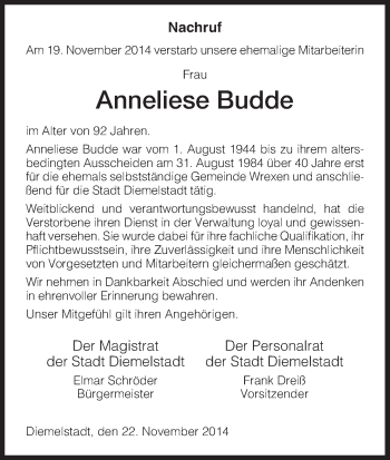Traueranzeige von Anneliese Budde von HNA