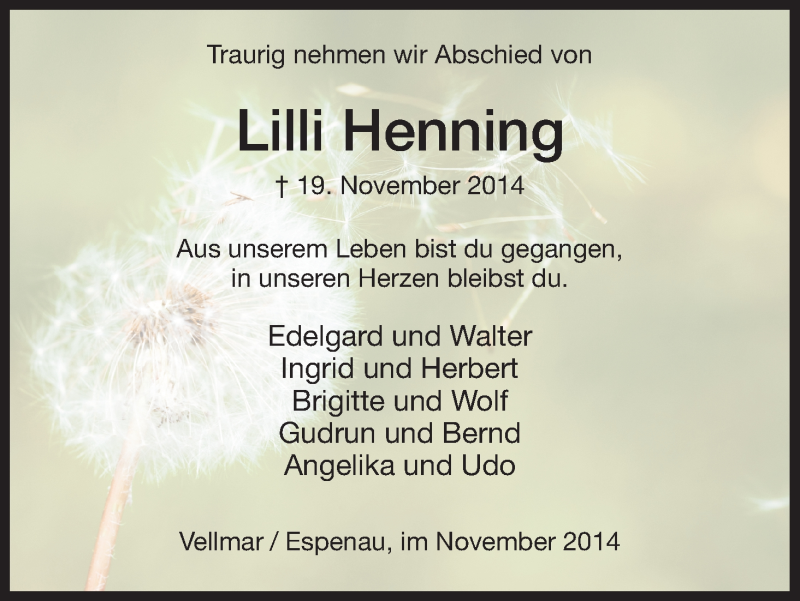 Traueranzeige für Lilli Henning vom 26.11.2014 aus HNA