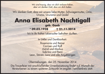 Traueranzeige von Anna Elisabeth Nachtigall von HNA