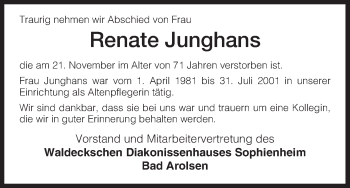 Traueranzeige von Renate Junghans von HNA