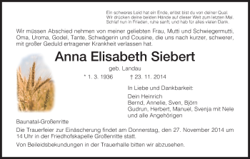 Traueranzeige von Anna Elisabeth Siebert von HNA