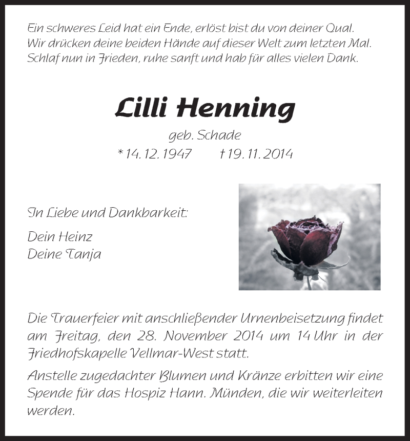  Traueranzeige für Lilli Henning vom 26.11.2014 aus HNA