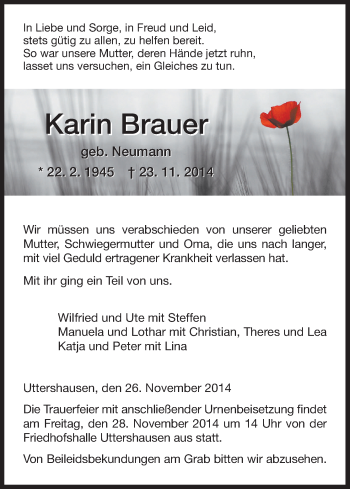 Traueranzeige von Karin Brauer von HNA