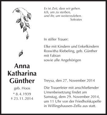 Traueranzeige von Anna Katharina Günther von HNA