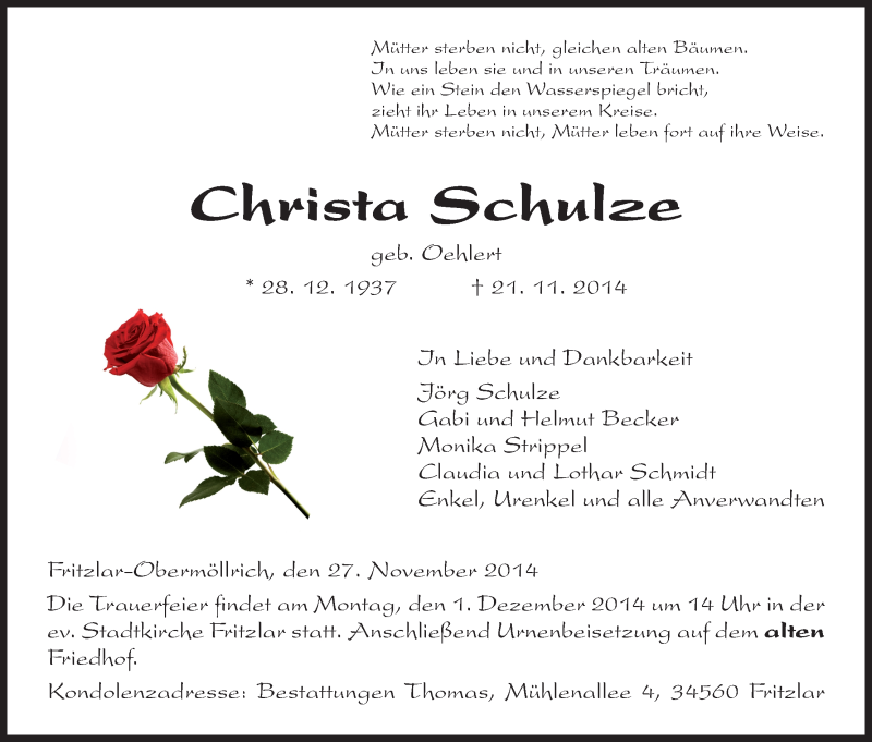  Traueranzeige für Christa Schulze vom 27.11.2014 aus HNA