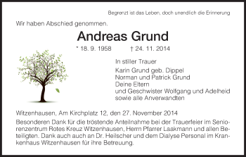 Traueranzeige von Andreas Grund von HNA