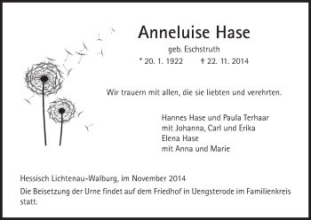 Traueranzeige von Anneluise Hase von HNA