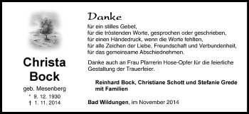 Traueranzeige von Christa Bock von HNA