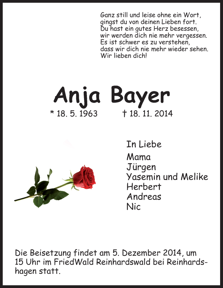  Traueranzeige für Anja Bayer vom 29.11.2014 aus HNA