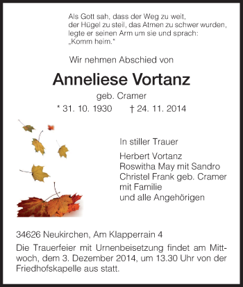 Traueranzeige von Anneliese Vortanz von HNA