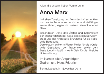 Traueranzeige von Anna Marx von HNA