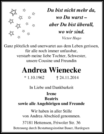 Traueranzeige von Andrea Wienecke von HNA