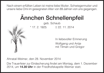 Traueranzeige von Ännchen Schnellenpfeil von HNA