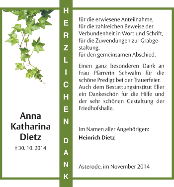 Traueranzeige von Anna Katharina Dietz von HNA