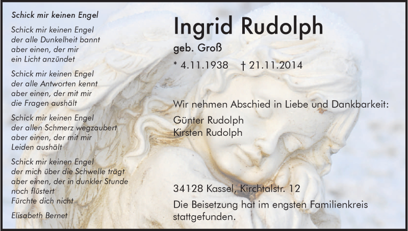  Traueranzeige für Ingrid Rudolph vom 29.11.2014 aus HNA