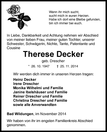 Traueranzeige von Therese Decker von HNA
