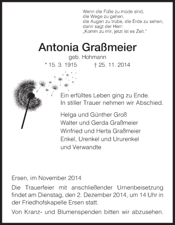 Traueranzeige von Antonia Graßmeier von HNA