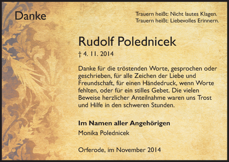  Traueranzeige für Rudolf Polednicek vom 29.11.2014 aus HNA