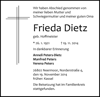 Traueranzeige von Frieda Dietz von HNA