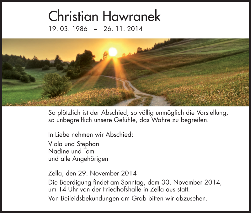  Traueranzeige für Christian Hawranek vom 29.11.2014 aus HNA