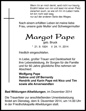 Traueranzeige von Margot Pape von HNA