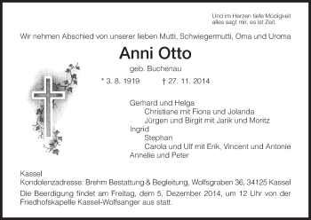 Traueranzeige von Anni Otto von HNA
