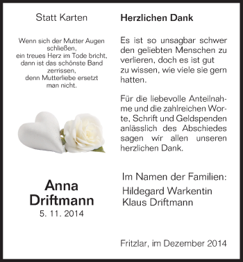 Traueranzeige von Anna Driftmann von HNA
