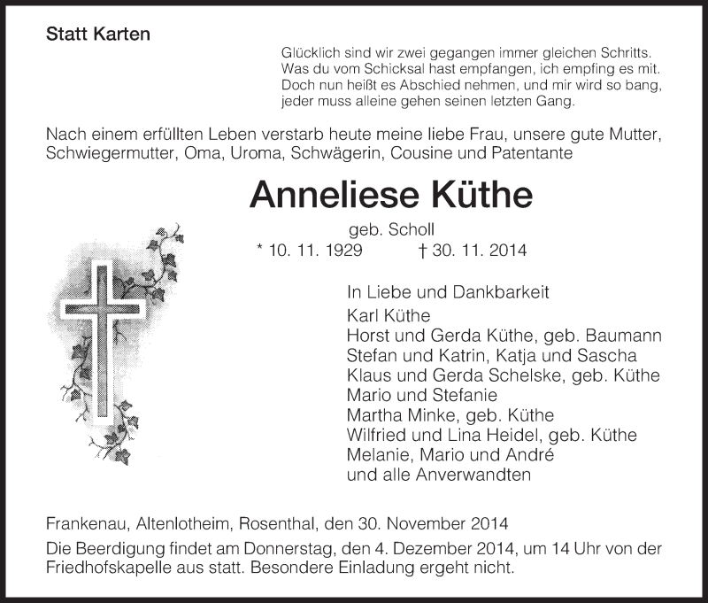 Traueranzeige für Anneliese Küthe vom 02.12.2014 aus HNA