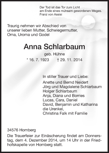 Traueranzeige von Anna Schlarbaum von HNA