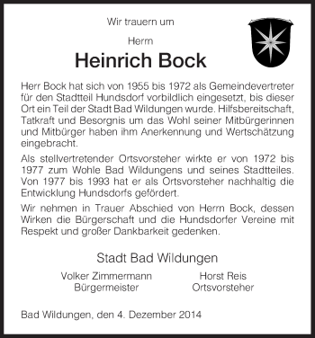 Traueranzeige von Heinrich Bock von HNA
