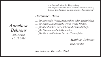 Traueranzeige von Anneliese Behrens von HNA