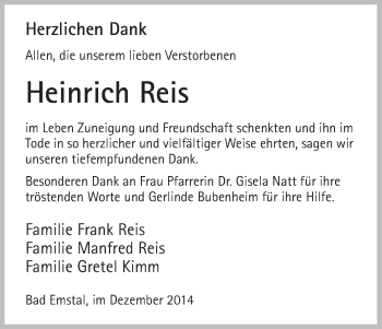 Traueranzeige von Heinrich Reis von HNA