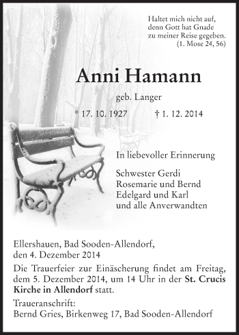 Traueranzeige von Anni Hamann von HNA