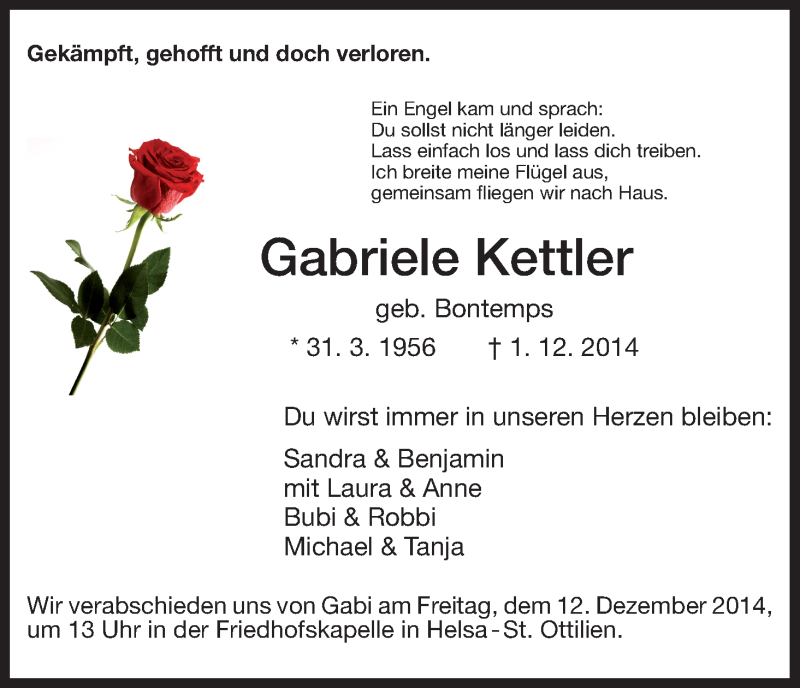  Traueranzeige für Gabriele Kettler vom 06.12.2014 aus HNA