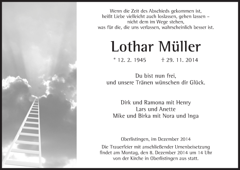  Traueranzeige für Lothar Müller vom 06.12.2014 aus HNA